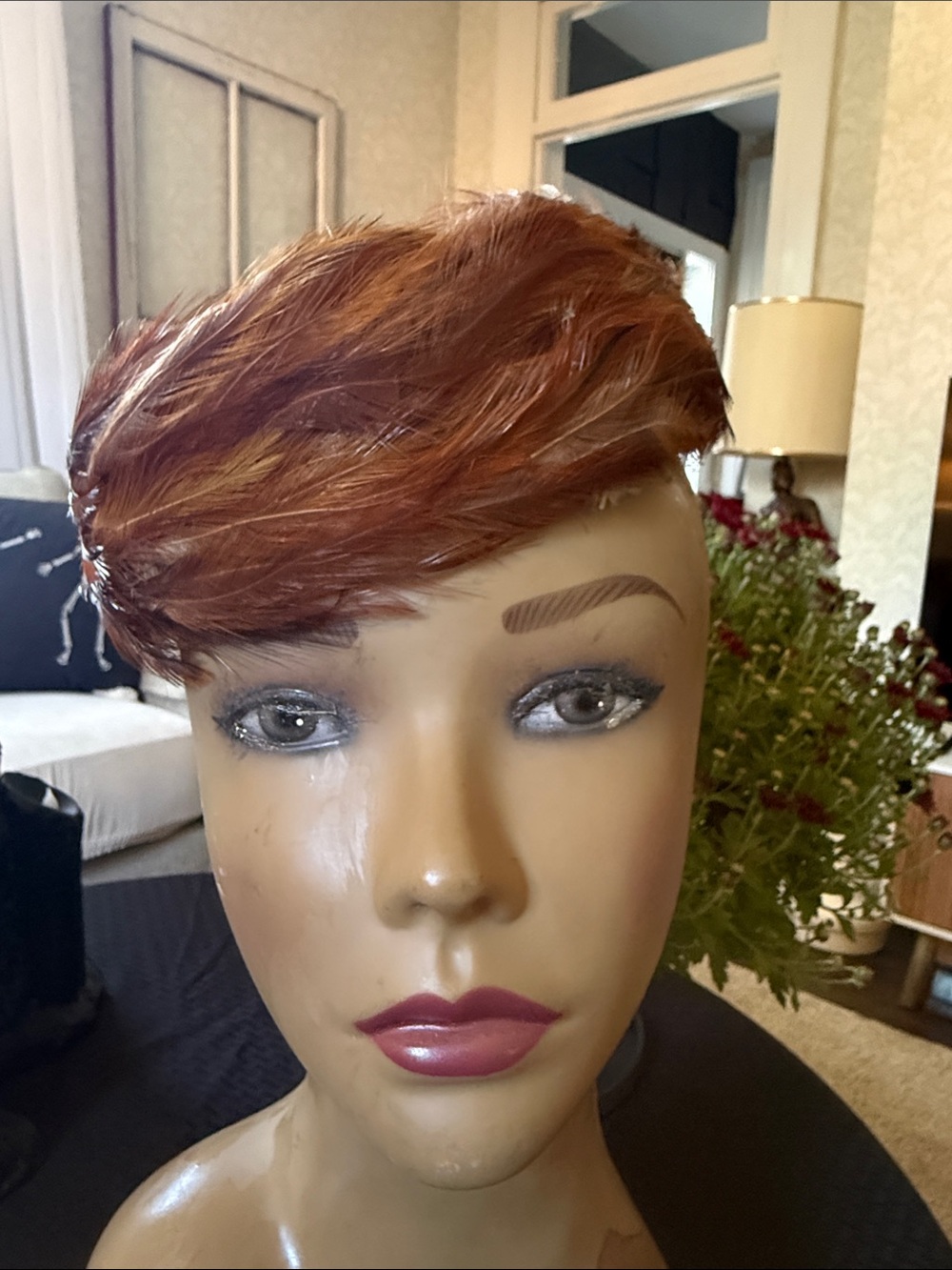 Vintage Union Made Reddish Brown Feather Pillbox Hat W Sm Hair Combs